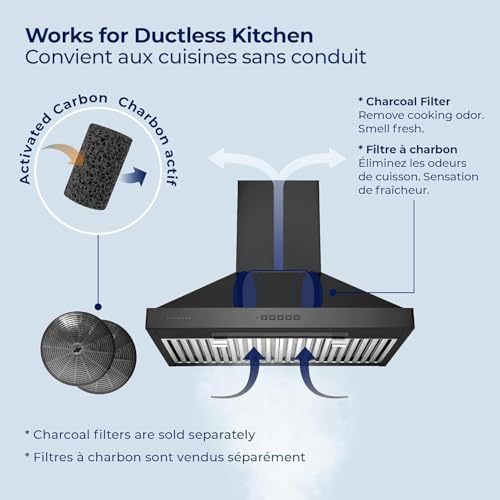 Image of Hauslane 30 inch Wall Mount Range Hood - Black Stainless Steel, Fingerprint-Resistant, 3-Speed Fan, LED Lighting, Dishwasher-Safe Baffle Filters, Ducted or Ductless Convertible, Easy Clean Design
