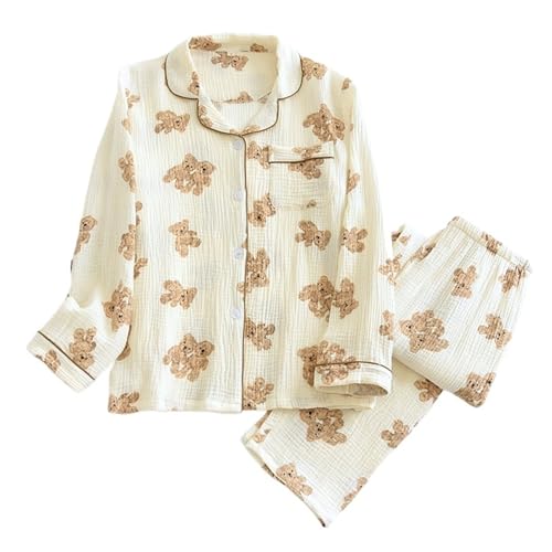 NihaoWXM Pyjama Femme Pyjama en Coton à Manches Longues for Femmes, 2 pièces, Double Gaze, vêtements de Maison, imprimé Ours, vêtements de Maison...