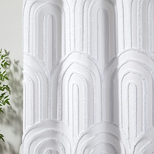 Estmy Boho White Tufted Shower Curtain Sets With Hooks, Simple Modern Chic Cute Rainbow Shape Chenille Stripe Cotton Fabric Shower Curtain Bathroom Decor, Heavy Duty/Water Repellent/Washable #TOP5