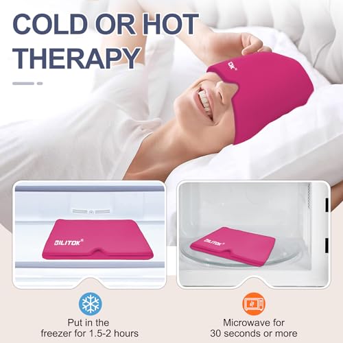 Image of EXQUISLIFE Migraine Headache Relief Cap, Gel Ice Head Wrap, Hot and Cold Therapy, Headache Eyes Mask for Sinus, Puffy Eyes, Tension and Stress Relief (Hot Pink)