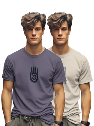 Image of BULLMER Trendy Printed Cotton Blend Crew Neck /Round Neck Half Sleeve Tshirt for Men- Pack of 2