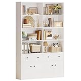 IRONCK 78.7' Bookcase with 4 Drawers and 4 Doors, 6 Tier Large Bookshelf with Storage, Floor Standing Display Storage Shelves, Tall Storage Cabinet for Living Room (Industrial White)
