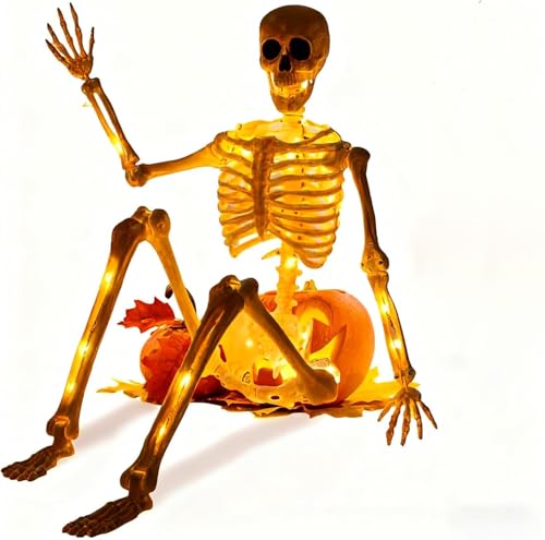 NMM 5.5 FT Halloween Posable Skeleton Life Size Full Body Moveable Joints Giant Skeleton with LED Light and Lanyard Halloween Decoration Outdoor Skeletons for Haunted House Spooky Scene Theme Party