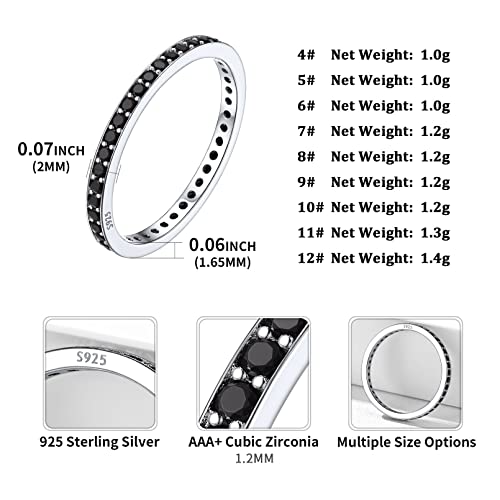 Chicsilver 2Mm 925 Sterling Silver Black Cubic Zirconia Stackable Eternity Ring Created Black Diamond Wedding Band For Women Size 6 #TOP4