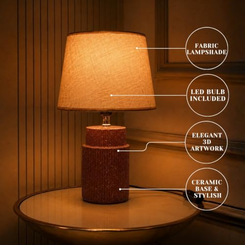 Image of ELARE Modern Brown Table Lamp with Cotton Fabric Shade, Warm Ambient Light, Bulb Included, Wired Bedside Lamp for Bedroom, Living Room, Study & Office