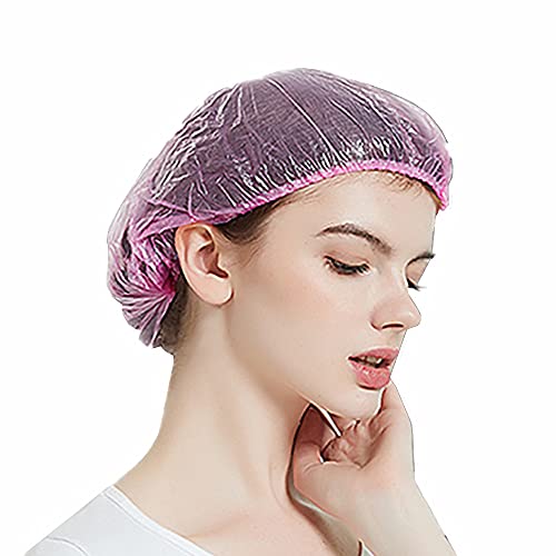 Shower Cap Disposable, 100 PCS Bath Caps Large Thick Clear Waterproof Plastic Elastic Hair Bath Caps for Women Kids Girls, Travel Spa, Hotel and Hair Solon, Home Use (Pink 100pcs)