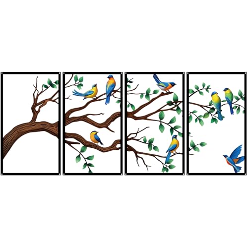 ruelen 4 Pieces Large Metal Birds and Branch Wall Art, Tree of Life Metal Wall Art, Colorful Leaves with Birds Silhouette Hanging Wall Sculpture for Living Room Home Bedroom Indoor Outdoor (Middle)