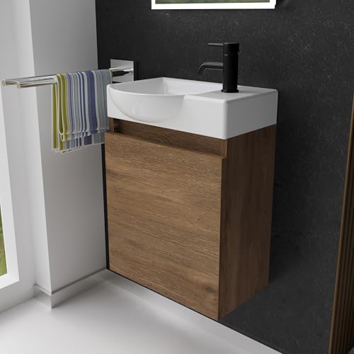 Alpenberger Gäste WC Waschbecken mit Unterschrank | Kleines Badmöbel 45 cm Breit | Waschtisch mit Waschbeckenunterschrank (Eiche, Waschbecken - Linke Seite)