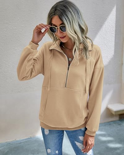 Image of PRETTYGARDEN Women's Casual Long Sleeve Zipper Sweatshirt Drawstring Loose Quarter Zip Pullover Tops with Pockets