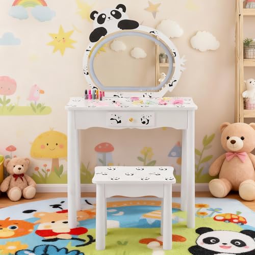 Image of Vanity Set,ShyneeMakeup Dressing Vanity Set Wooden Princess Makeup Table with Cushioned Stool,Drawer,Wooden Legs and Mirror, Make Up Dressing Play Set for Girls (Black and White Panda)