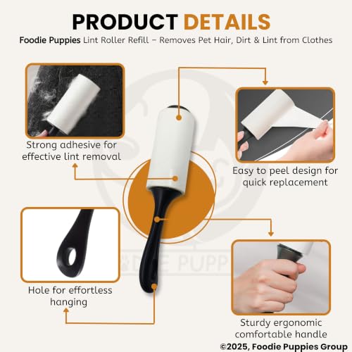 Image of Foodie Puppies Pet Hair Remover Lint Roller Refills Extra Sticky Lint Roller Refills Only, 60 Sheets per Roller, Remove Dog and Cat Hair from Clothes, Furniture