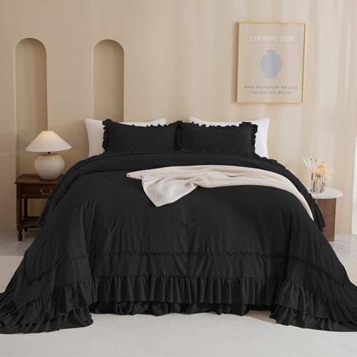Image of QSH 3PCs Black Ruffled Oversized King Comforter 120x120,Farmhouse Shabby French Country Chic Ruffle Bed Comforter Set Boho Lightweight Ultra Soft Microfiber California King Comforter with Pillowcases