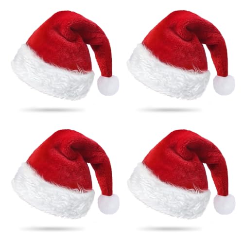 KaTiSeMo 4 sombreros de Papá Noel, sombreros de Navidad para adultos, sombreros de Navidad extra gruesos clásicos de felpa esponjosos para mujeres y hombres, Navidad, Año Nuevo, fiesta festiva