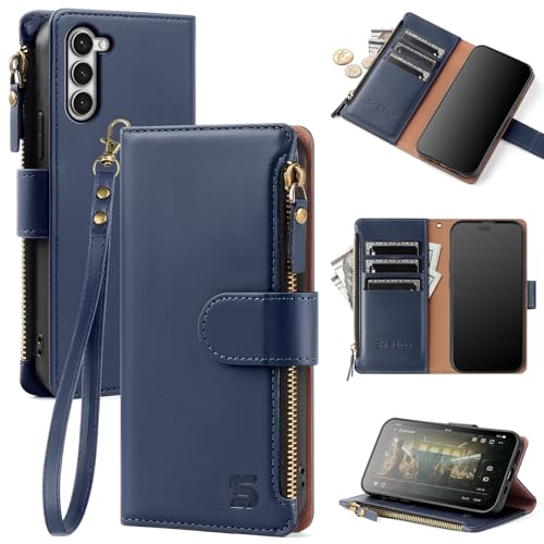Shieldtop for Samsung Galaxy S23 5G Wallet Case with Card Holder Women Men,Galaxy S23 5G Phone Case RFID Blocking PU Leather Flip Shockproof Cover with Strap Zipper Credit Card Slots,Blue