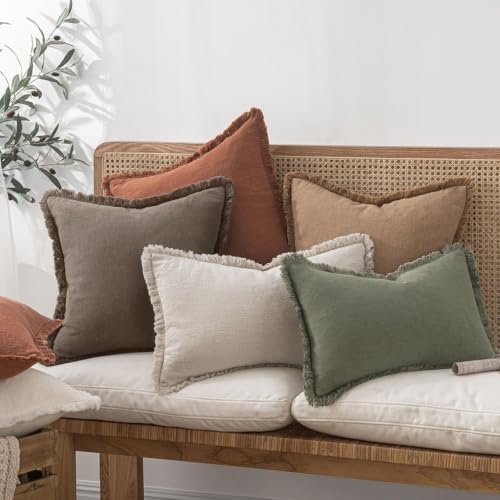 Image of MIULEE Boho Linen Decorative Fall Lumbar Throw Pillow Covers Coffee 12x20