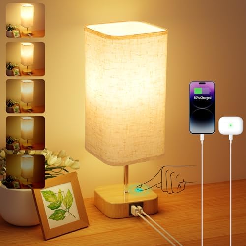 Suright Lampes de chevet en tissu – Lampe de table à contrôle tactile, intensité variable en continu avec mémoire, double ports de charge USB-C et USB-A pour chambre à coucher et salon (ampoule LED
