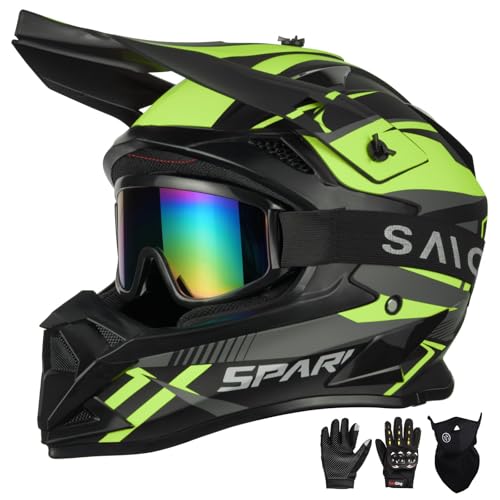 Image of Adult Motocross Helmet ATV Dirt Bike Off-Road Full Face Motorcycle Helmet W/Goggles Gloves & Mask, DOT Approved (Vibrant Yellow, X-Large)