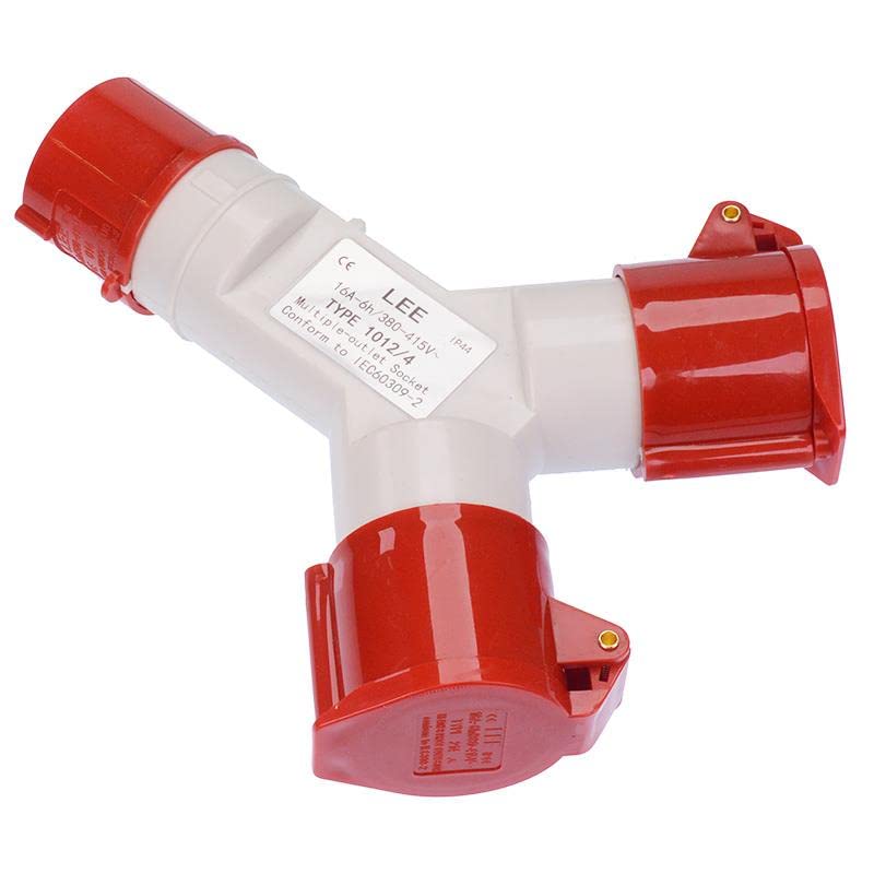 Red 2 Way Splitter 16A 415V 3P+E IP44 Plug Socket Connector Industrial