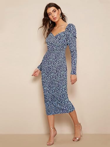 Image of LONDON BELLY Women's Poly Cotton Midi Bodycon Dress with Full Sleeves Sweet Heart Neck Printed Pattern Body Fitted and Calf Length | Women Midi Dress | Casual Party Summer for Womans