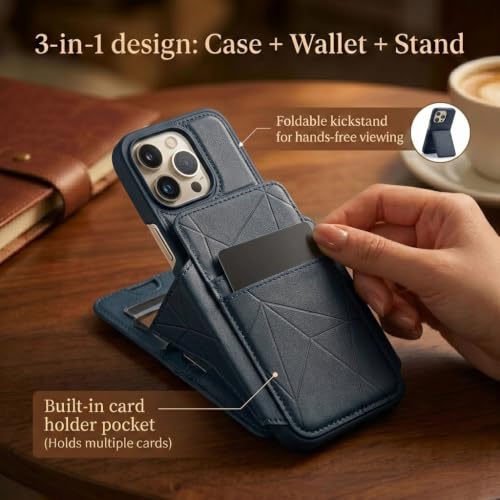 Image of amazon basics Premium Vegan Leather Back Cover with Card Holder and Integrated Mobile Stand for iPhone 14 Pro - Slim Shockproof Wallet Case with Geometric Stitching [Blue]