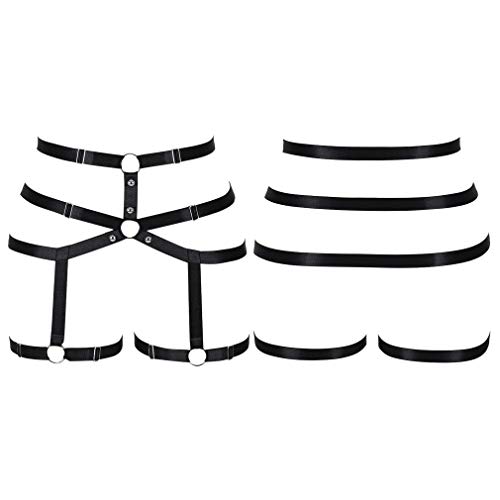 Women Body Harness Garter Belt Leg Strap Lingerie Cage Soft Elasticity Carnival Punk Gothic Adjustable (Black+Silver) #TOP1