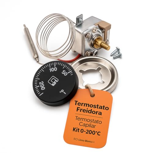 RO Linea Blanca ® Kit Termostato Capilar 0-200C para Freidora Pro Control Temp Doble Aislamiento Sin Tierra Bulbo 5mm Homologado EN 60730-2-9 100000 Ciclos Universal Compatible con Fagor Tefal
