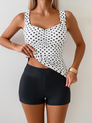 Image of B2prity Women's Tankini Swimsuit Tummy Control Ruched Two Piece Bathing Suit Push Up Modest Swim Suits with Shorts