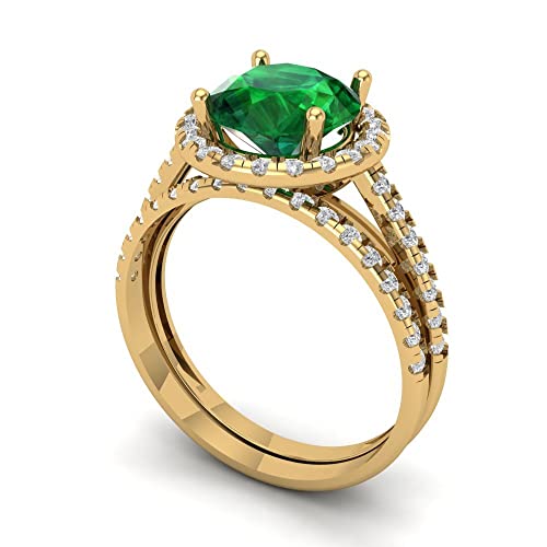 Clara Pucci 2.82 ct Round Cut Halo Solitaire Genuine Simulated Emerald Designer Art Deco Statement Wedding Ring Band Set 18K Yellow Gold2