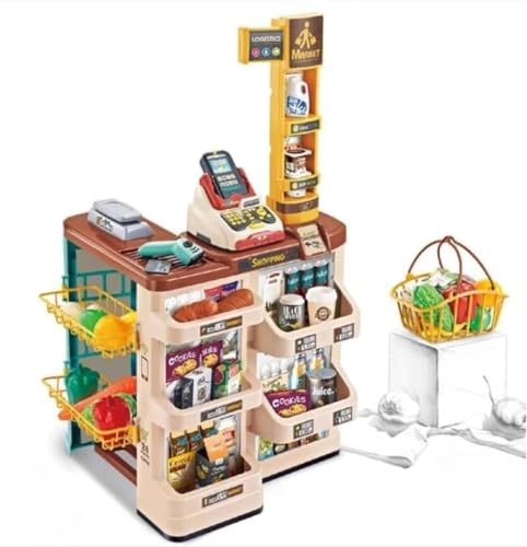 Vilom スーパーマーケットごっこ 48点フルセット|本格レジ・スキャナー・カート付きでリアルなお店屋さん体験を楽しめる知育玩具|果物・野菜・食品小物入りで創造力と社会性を育むロールプレイおもちゃ (ショッピングカート,レッド)