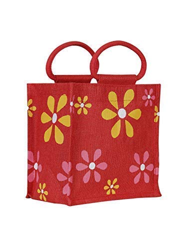 Red Flower Printed Jute Lunch Bags for Women & Men | Grocery & Carry Bags | Tiffin Bags Red Flower Printed Jute Lunch Bags for Women & Men | Grocery & Carry Bags | Tiffin Bags