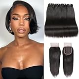 Liang Dian 8 Inch Short Human Hair Bundles Natural Color 4 Bundles With 10'Closure 12A Brazilian Virgin Hair 100% Unprocessed Straight Human Hair(8'8'8'8'with 10'Closure)