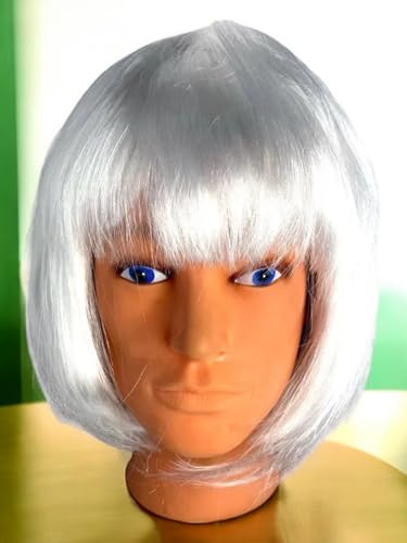 Fantasia Peruca Curta Lisa c/Franja Branca 25cm Sintética