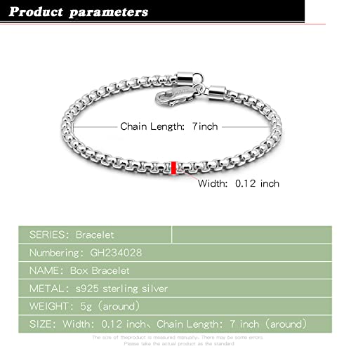 Dankadi 925 Sterling Silver Bracelet Men Women Teen Boy Girls 3Mm Square Rolo Link Round Box Chain 6.3" 6.7" 7" 7.5" 8" 8.5" 9" Bangle Unisex Jewelry Gift (Silver, 7 Inches) #TOP2