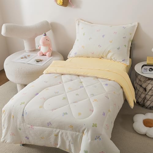 Image of Caressma 5 Pieces Twin Comforter Set for Kids - Soft Prewashed Cotton Colourful Butterfly Print Bedding Set, Includes Comforter, Fitted Sheet, Flat Sheet, Pillow Case & Pillow Sham for All Seasons