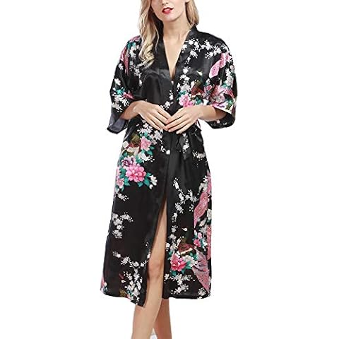Sexy Women's Silk Satin Dressing Gown Long Kimono Robe Bridesmaid Sleepwear Bathrobe Nightwear Black Cover