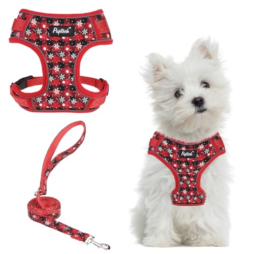 PUPTECK Christmas Small Dog Harness and Leash Set, No Pull Adjustable Puppy Cat Harness, Reflective Soft Mesh Pet Vest Small Sized, Checkered, S