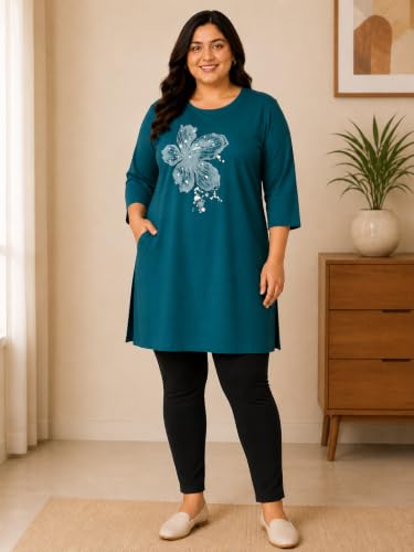 Image of RYSH Women's Plus Size Printed Nightshirt | Round Neck | 3 /4 Sleeve | Relaxed Fit Long Nightwear Top |