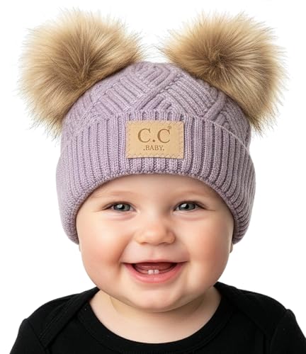 Image of Funky Junque Double Pom Pom Baby Beanie – Newborn Girl Winter Hat 0–12 Months, Cute Cozy Knit Infant Beanies for Cold Weather