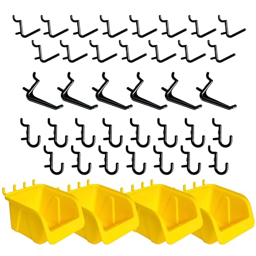 WallPeg Pegboard Bin & Peg Hook Assortment Set – Peg Board Accessories for Organizing Tools, Garage, and Workshop, 4 Yellow Bins with J, L, and Jumbo Style Hooks