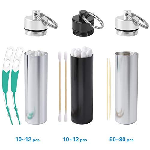 Minisland Large Portable Metal Aluminum Toothpick Holders Keychain Pocket Outdoor Travel Small Q-Tips Pill Containers Waterproof Dia.23Mm Silver And Black Set -Msl144 #TOP3