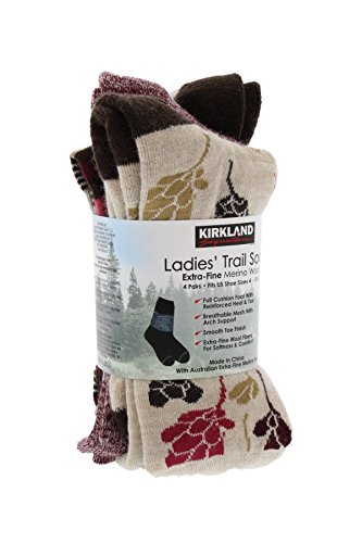 Kirkland Signature Ladies Merino Wool Extra-Fine Trail Socks, 4 Pairs US size 4-10.5