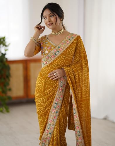 Image of SIRIL Women's Georgette Bandhani Printed Saree with Unstitched Blouse Piece