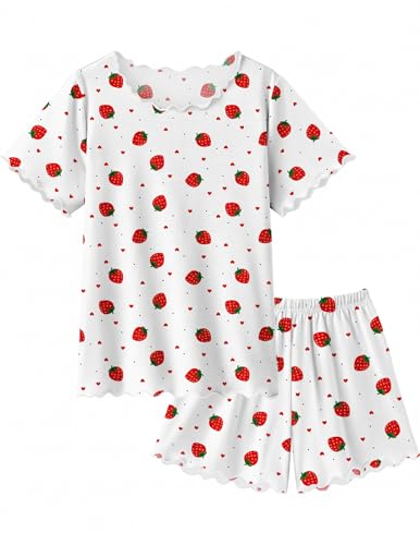 Arshiner Girls Pajama Set Short Sleeve Lounge Set Soft Shirring Summer Sleepwear Pj Sets Strawberry 7-8 Years