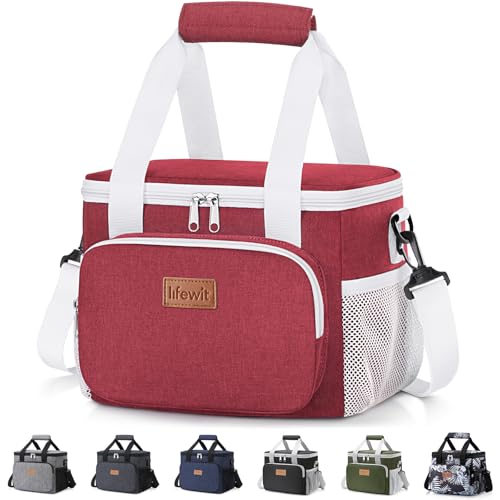 Lifewit Medium Lunch Bag, Insulated Lunch Box, Soft Cooler Cooling Tote for Adult Men Women, White and Red12-Can (9L)
