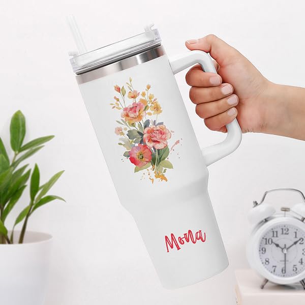 Image of IGP Custom Name Floral Travel Tumbler | Same Day Delivery | 1200 Stainless Steel Insulated Mug with Reusable Straw & Easy-Grip Handle | Perfect Birthday & Mother‚ Day Gift for Her
