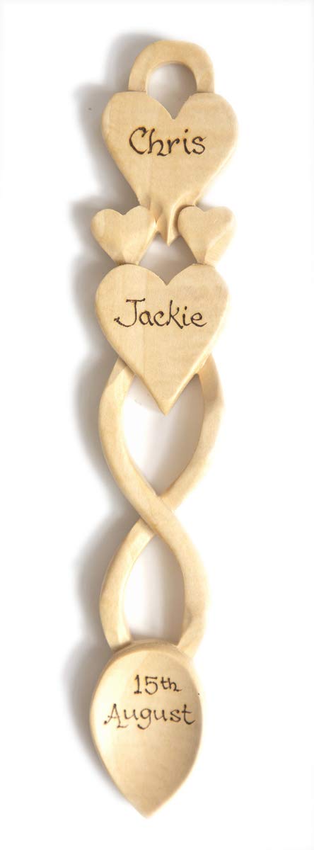 Two Hearts in One Love Spoon (Light Coloured) - Free Engraving of Names & Date on Welsh Love Spoons