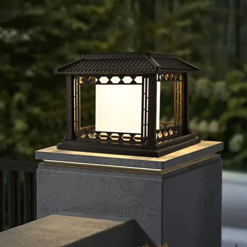 HZWJIA Modern Solar Pillar Lamp Outdoor LED Fence Deck Post Cap Light Black Outdoor Waterproof Solar Pillar Lamp IP65 Waterproof Pillar Head Lamp For Gate Post Patio Landscape Pillar Light Base 10.2in