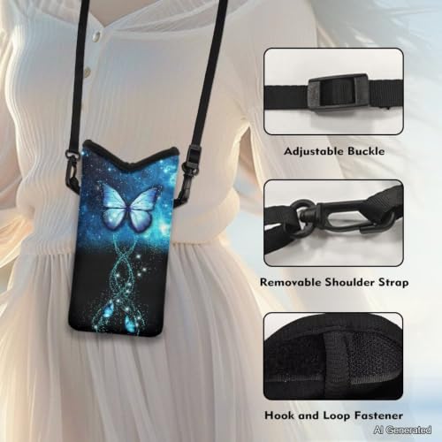 Image of Cell Phone Bag for Women & Men - Waterproof & Shockproof Smartphone Pouch - Crossbody Bag with Shoulder Strap - 8 x 4 inch, Galaxy Butterfly Blue