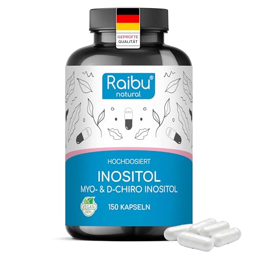 Inositol Kapseln 2120mg Myo Inositol & D-Chiro pro Tag - Mit Vitamin B6 Folsäure & Chrom - Vegan Ohne Zusätze & Laborgeprüft - 150 hochdosierte Kapseln Raibu