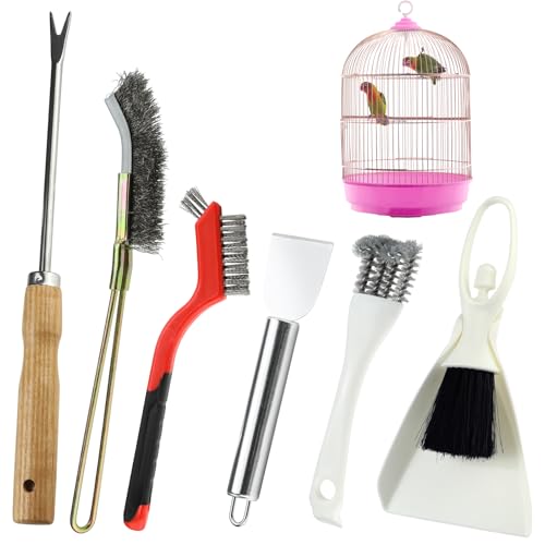 6PCS Bird Cage Cleaning Brush Tools Set, Stainless Steel Bird Poop Remover Scraper Birdcage Accessory